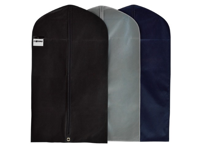 Trois housses à vêtements Housskimo en non-tissé noir, gris et marine, personnalisables aux couleurs de votre marque